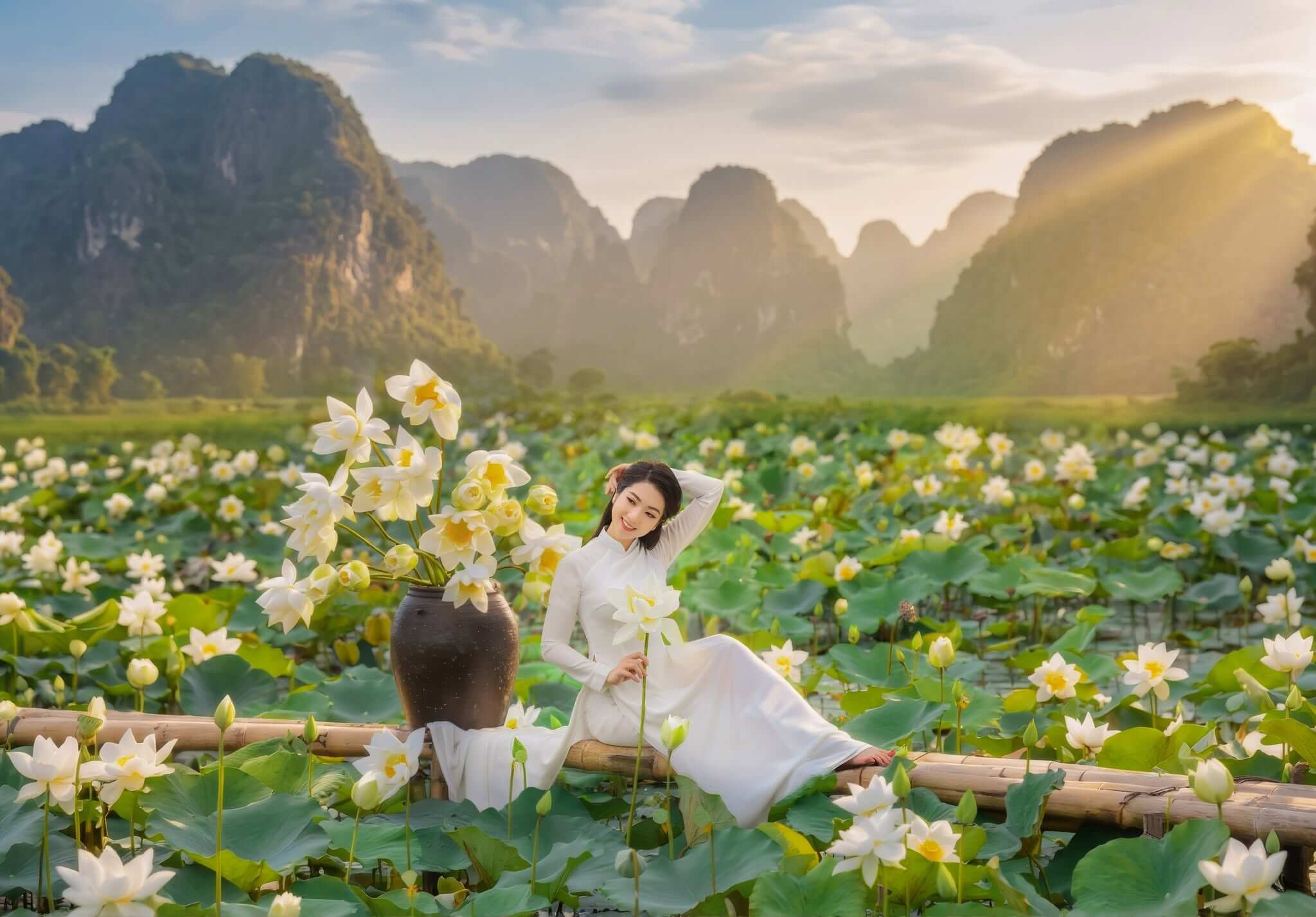 Hình ảnh người phụ nữ mặc áo dài chụp ảnh bên Bạch Liên Hoa (Ảnh: Lê Xuân Bách)